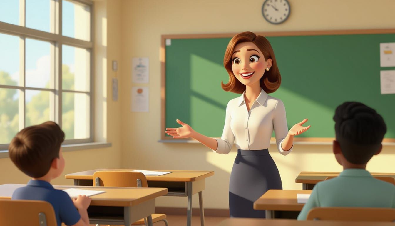 Friendly Teacher in Pixar-Style Classroom Scene