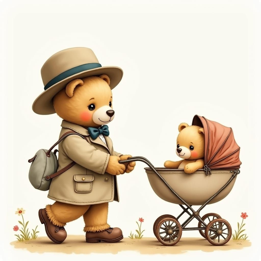 Teddy Bear Family Strolls in Whimsical Watercolor