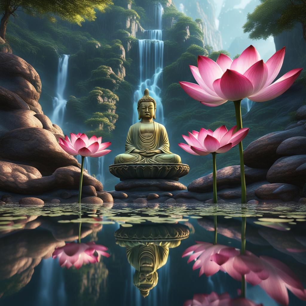 Lotus Buddha Waterfall Reflection: Detailed Digital Art