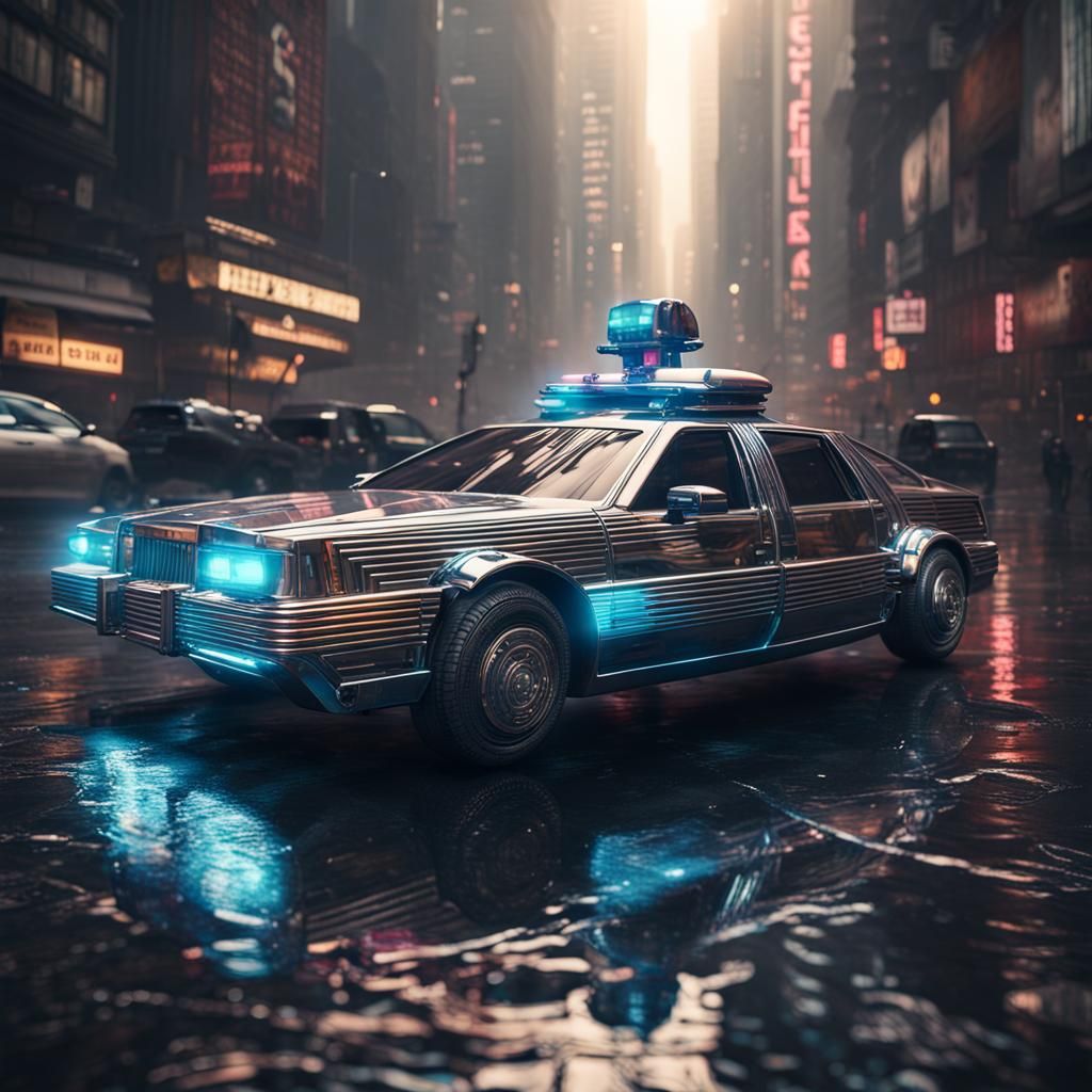 Futuristic Chrome Police Car in Blade Runner City