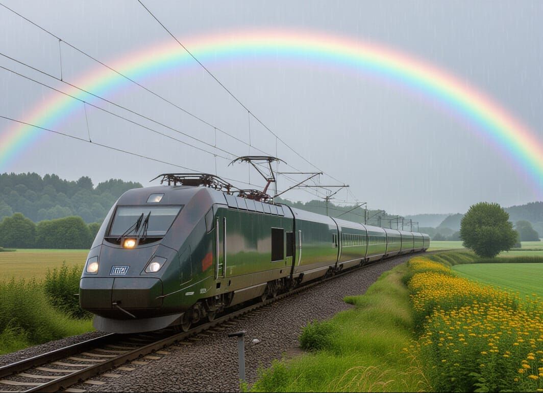 Romantic Watercolor of TGV Train in Rainy Countryside