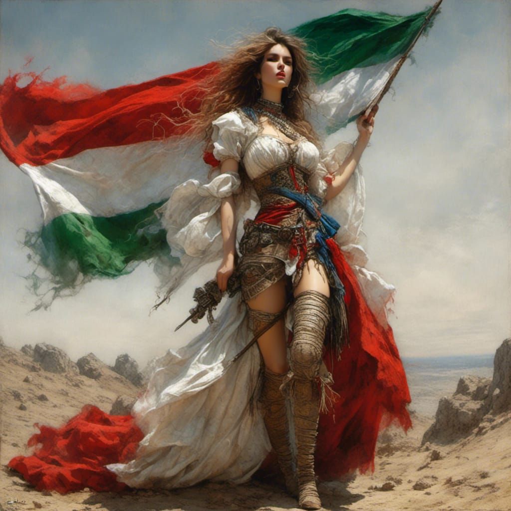 Alluring Hungarian Woman Wrapped in Flag, Hyper-Realistic