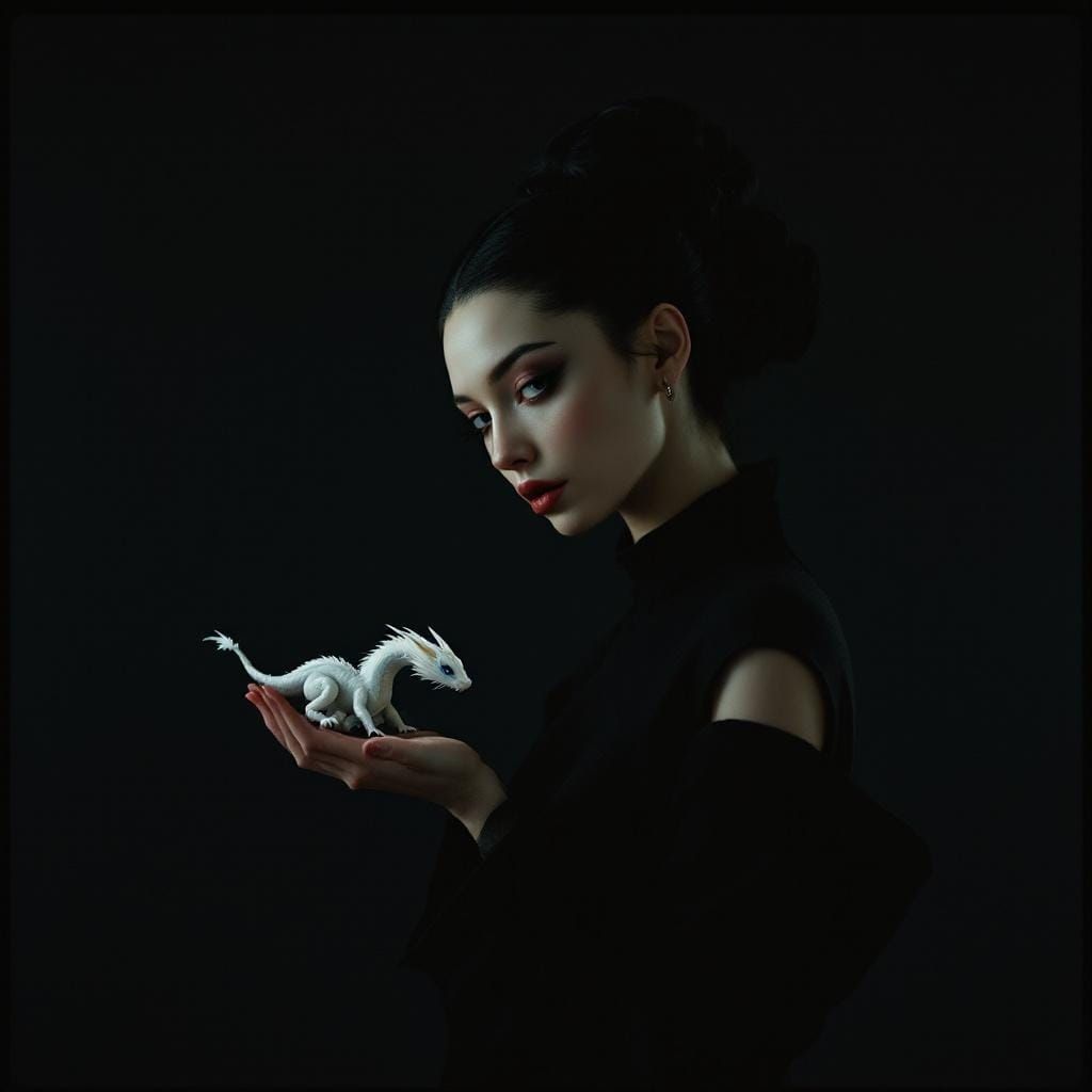 Elegant Woman with Dragon in Film Noir Style