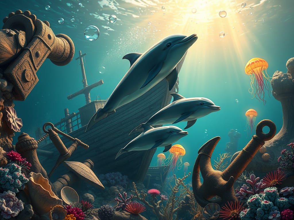 Dolphins in a Vibrant Underwater Scene with Shipwreck and Co...