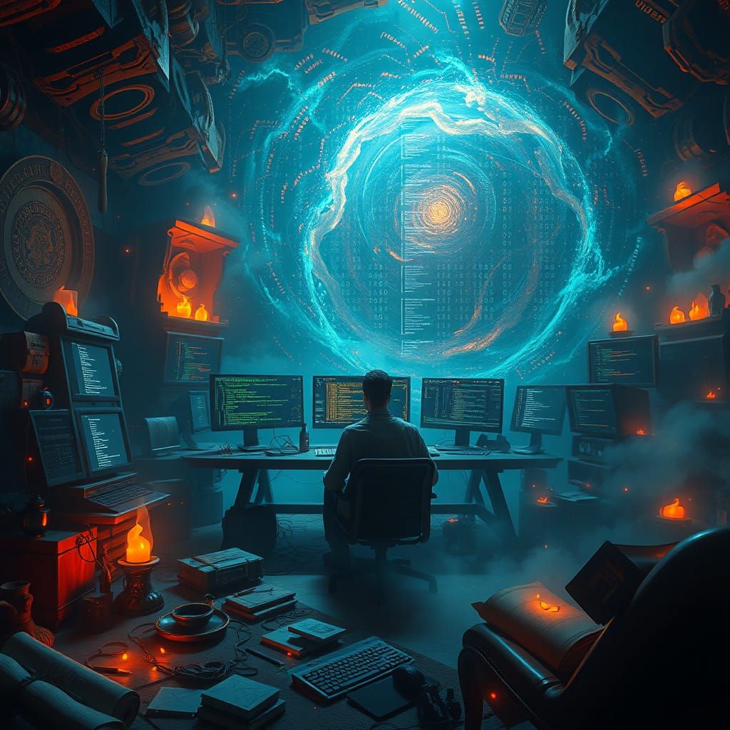 Programmer Rewrite Reality in a Futuristic Coding Lair