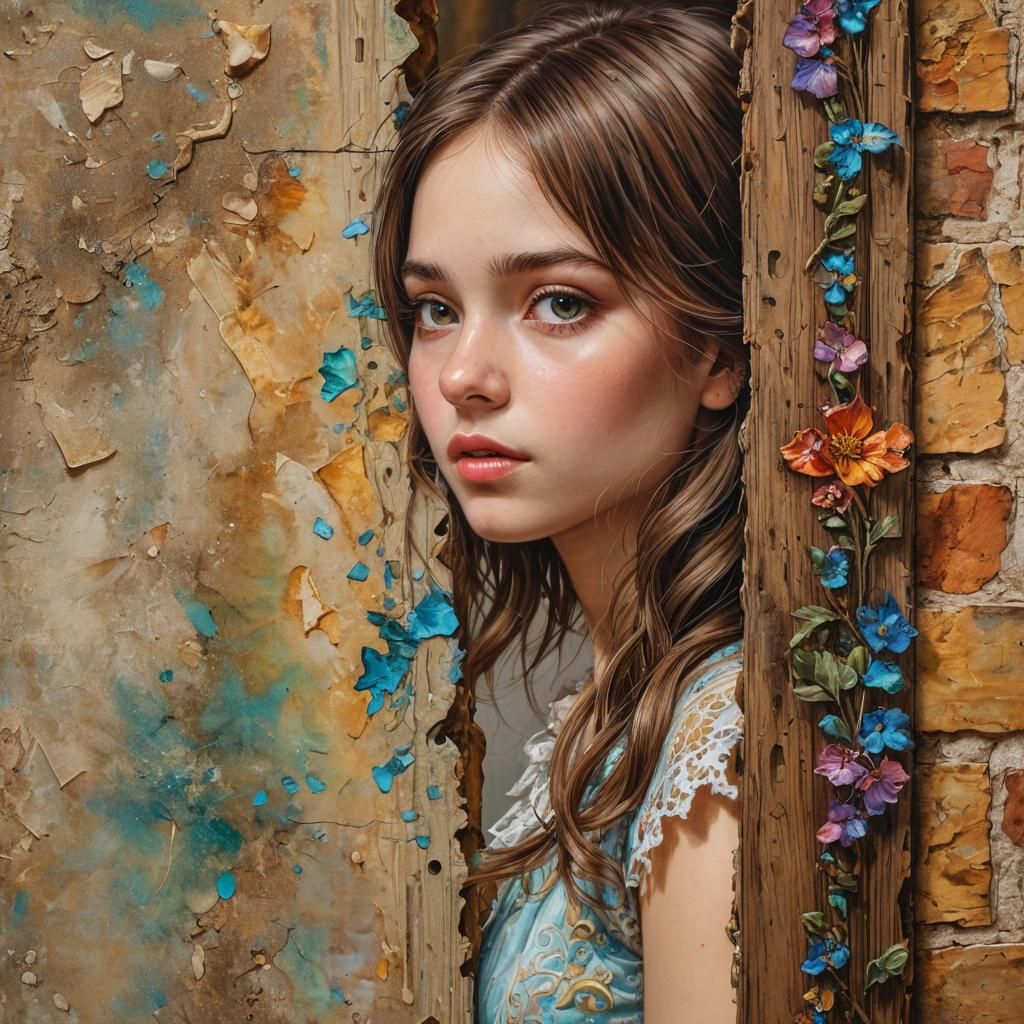 Girl Peek: Victorian Alcohol Ink Impasto Painting