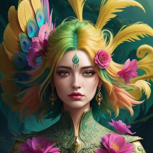 Dragon-Peacock Woman in Fantasy Art Nouveau Style