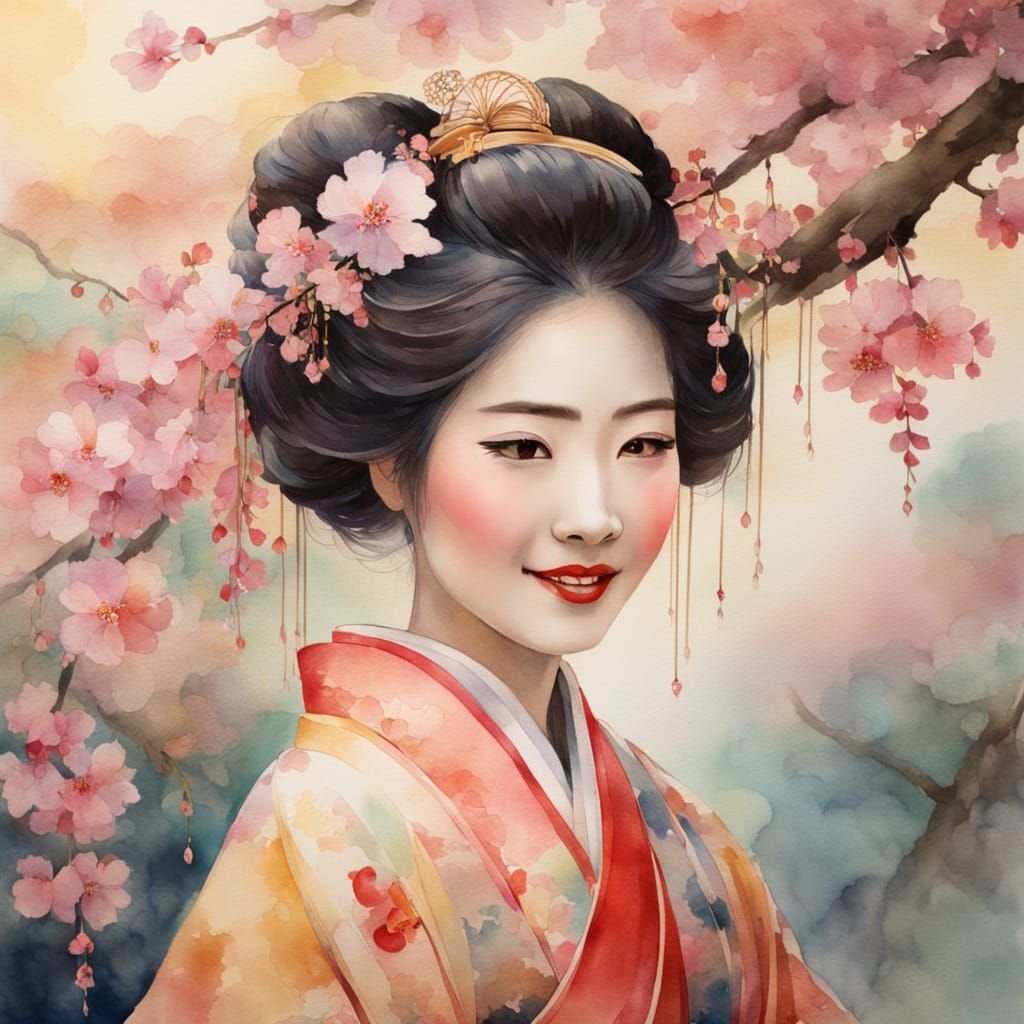 Geisha Portrait in Watercolour with Cherry Blossoms
