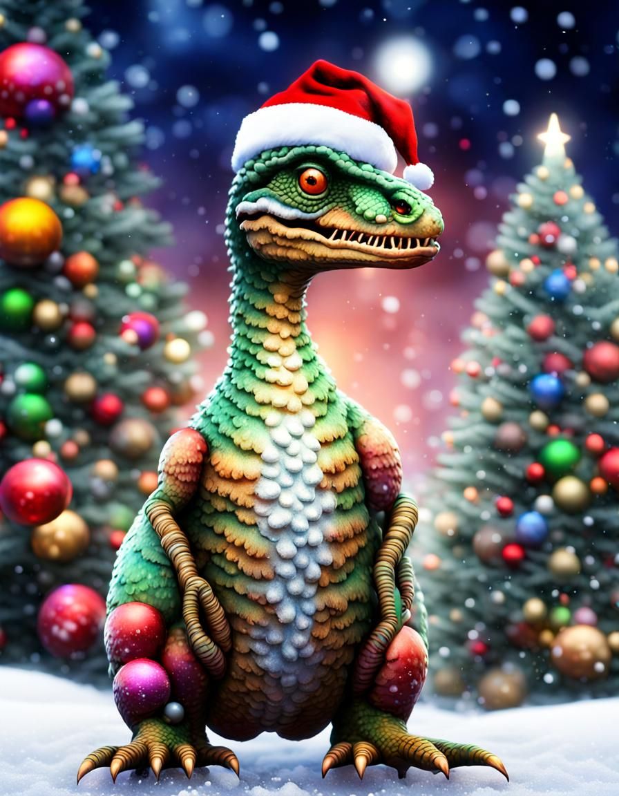 Christmas Snowman Velociraptor in a Rainforest