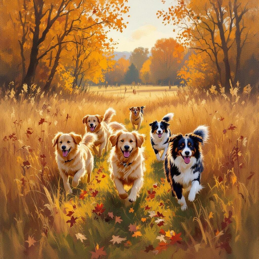 Autumn Field with Dogs Playing in Golden Light