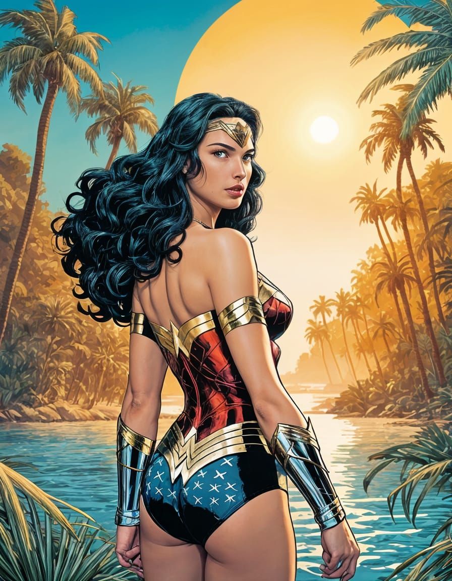 Wonder Woman Embraces Desert Oasis Sunrise