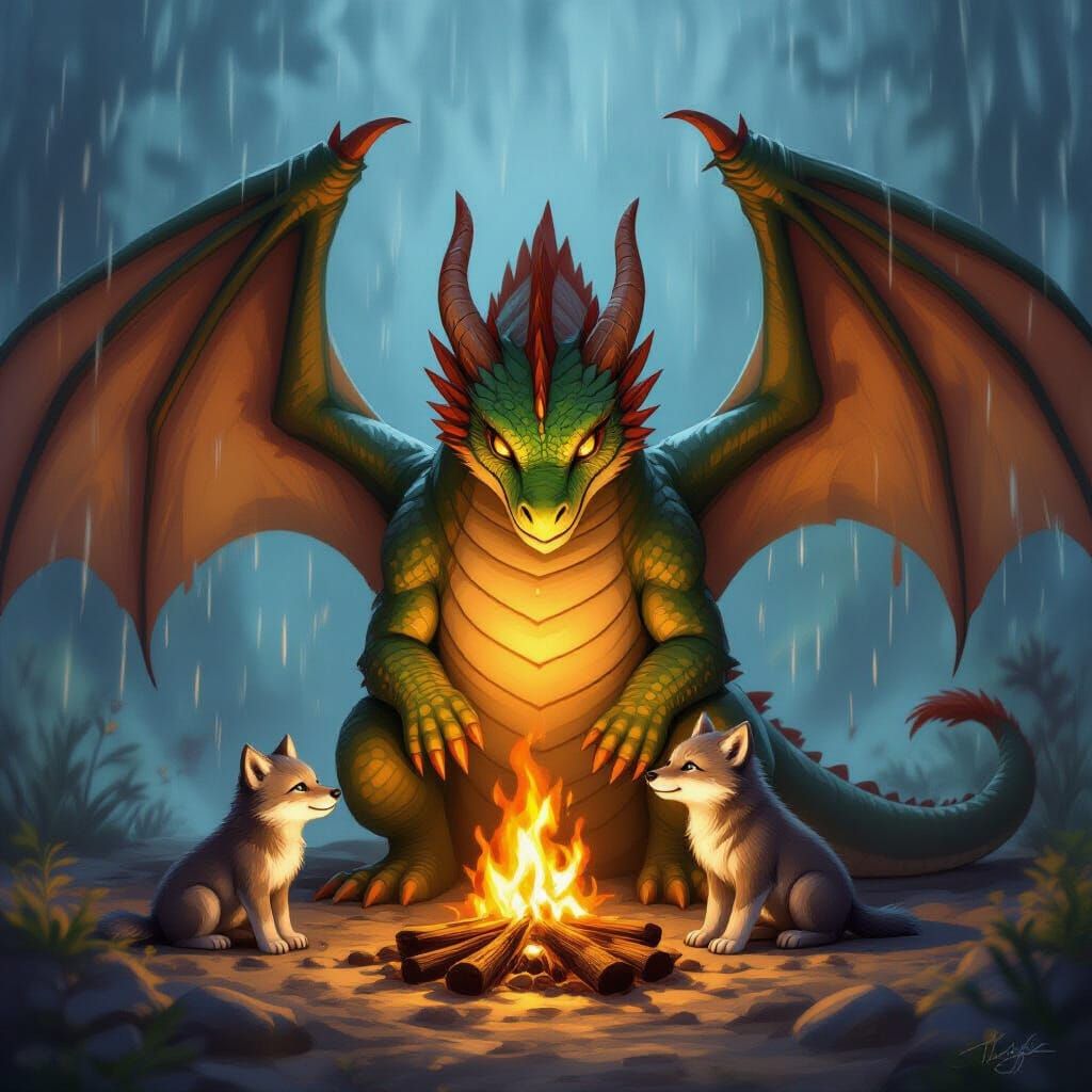 Dragon Protects Fire for Baby Wolves from Rain