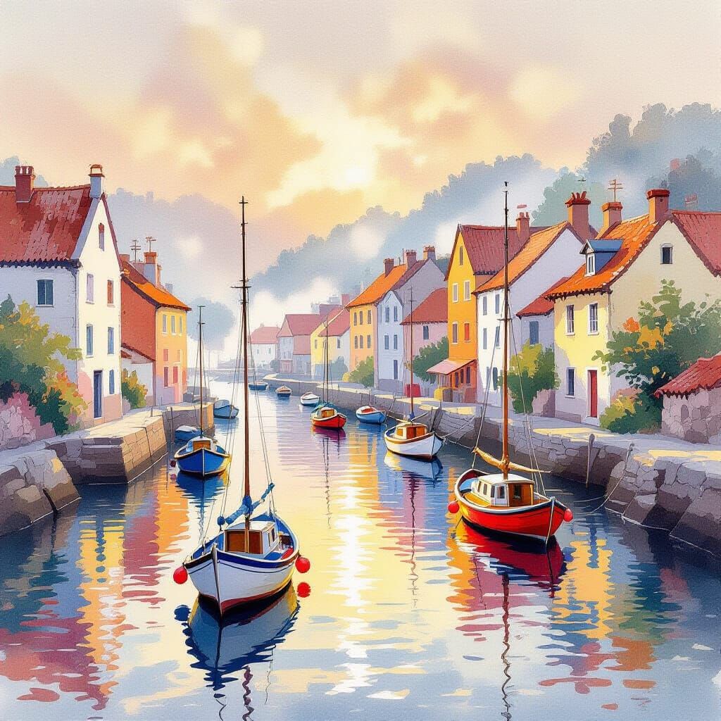 Impressionist Village Docks in Watercolour Style