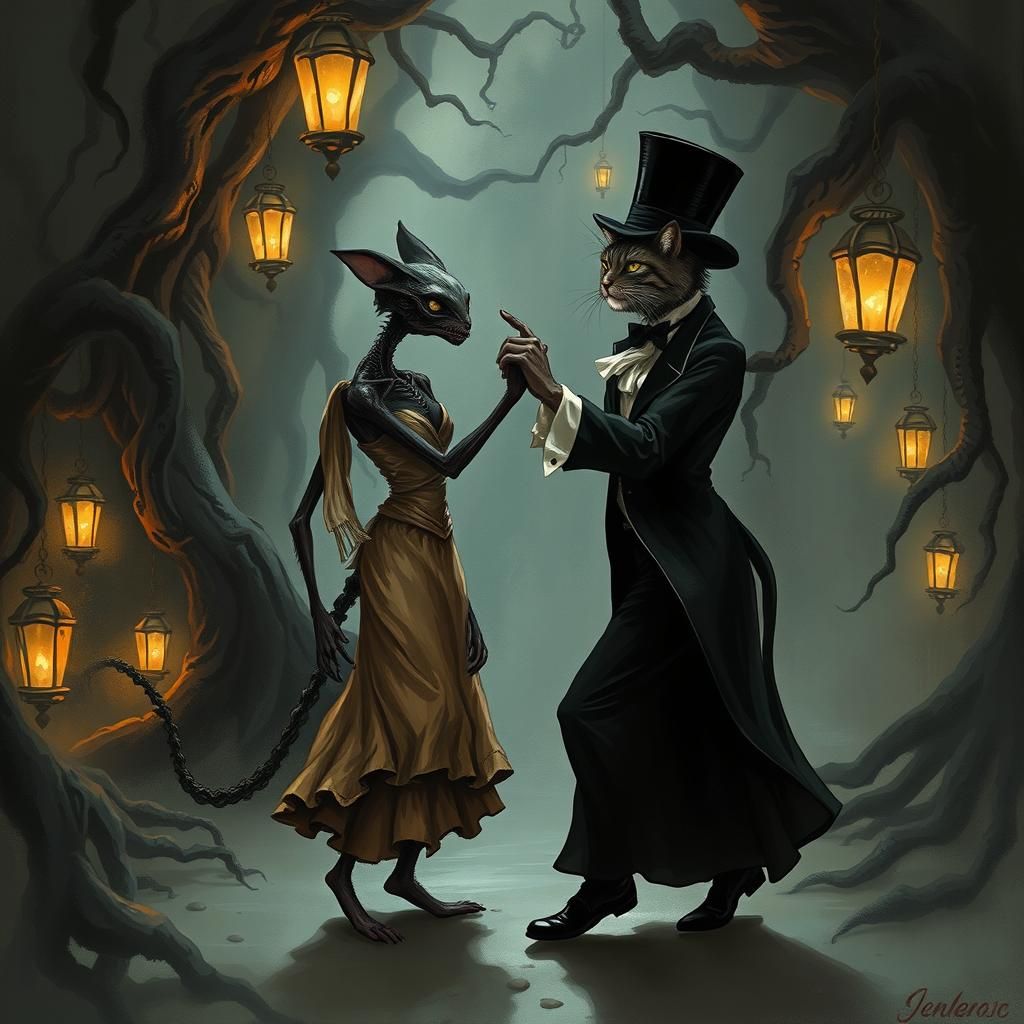 Cat and Alien Waltz in Dark Illustration Style