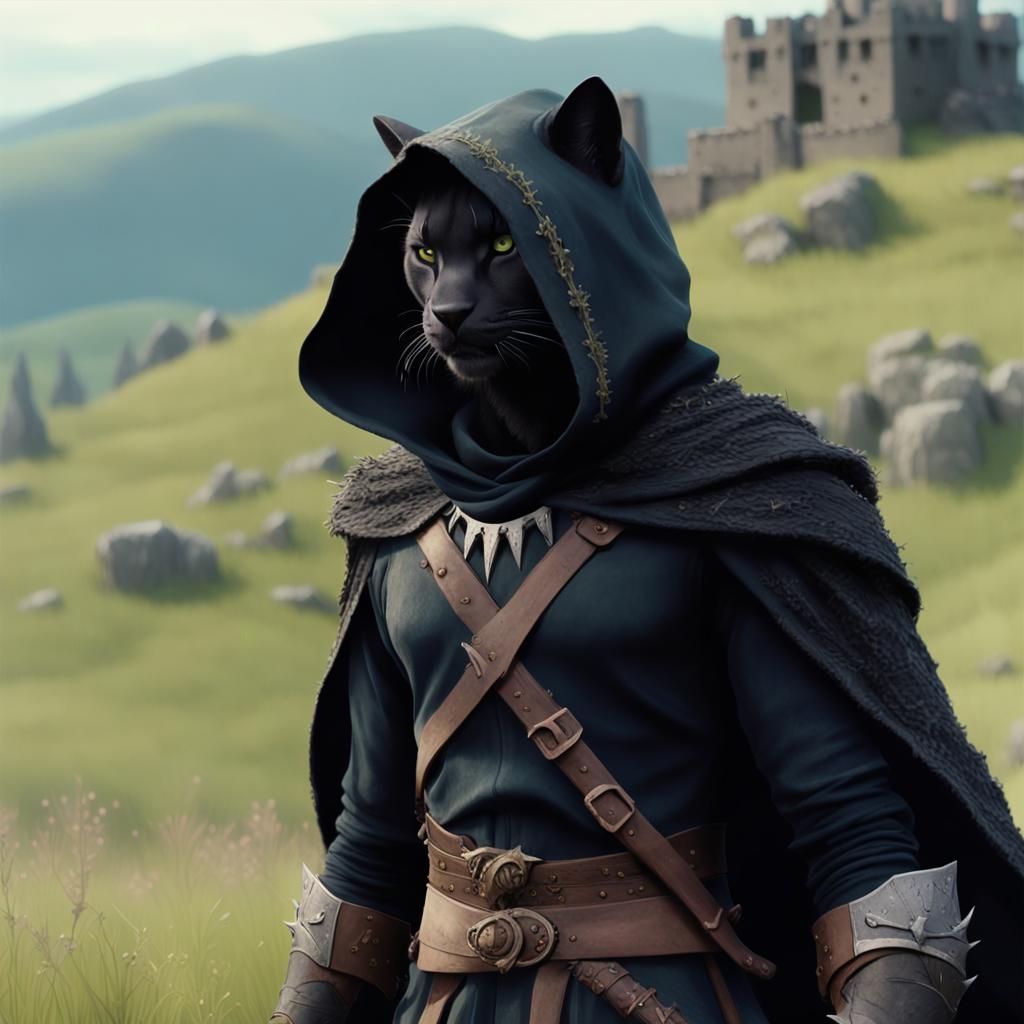 Black Tabaxi Ranger in a Dark Fantasy Landscape