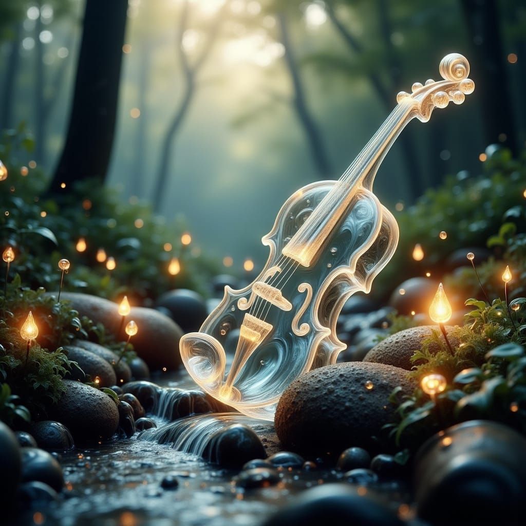 A Translucent Violin Glows in a Whimsical Forest Stream