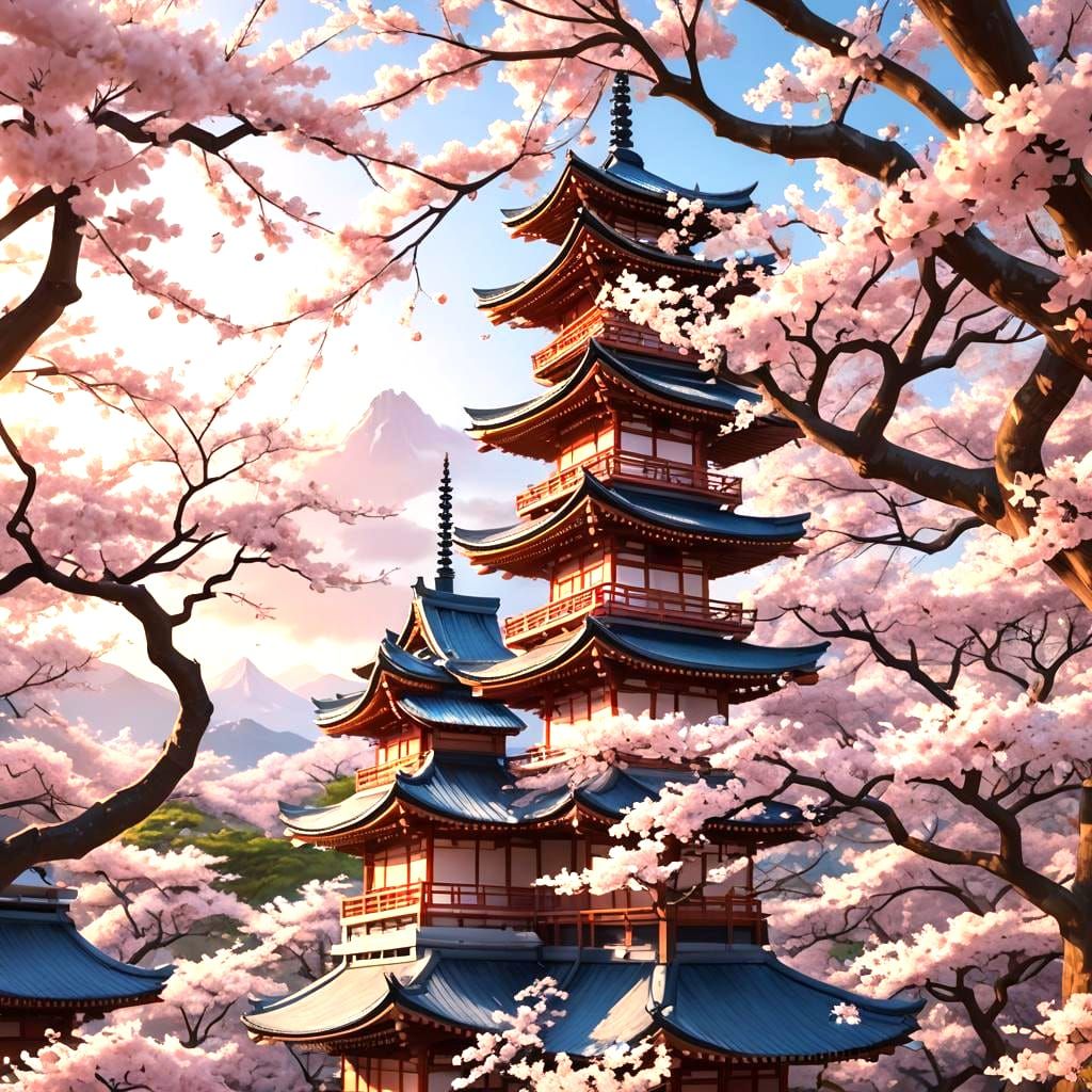Japanese Pagoda and Sakura Trees in 3D Anime Style