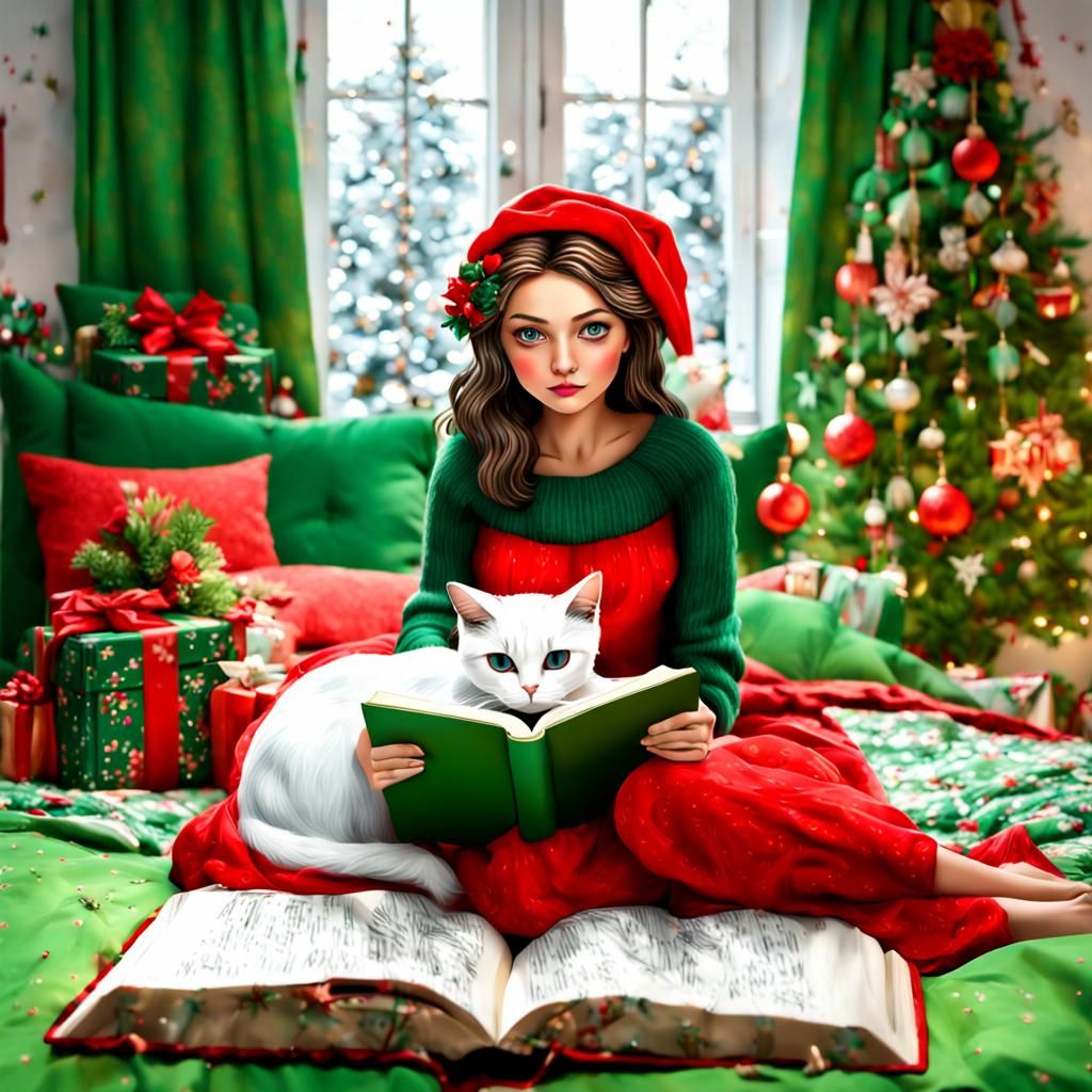 Christmas Landscape with Woman Reading by Tree