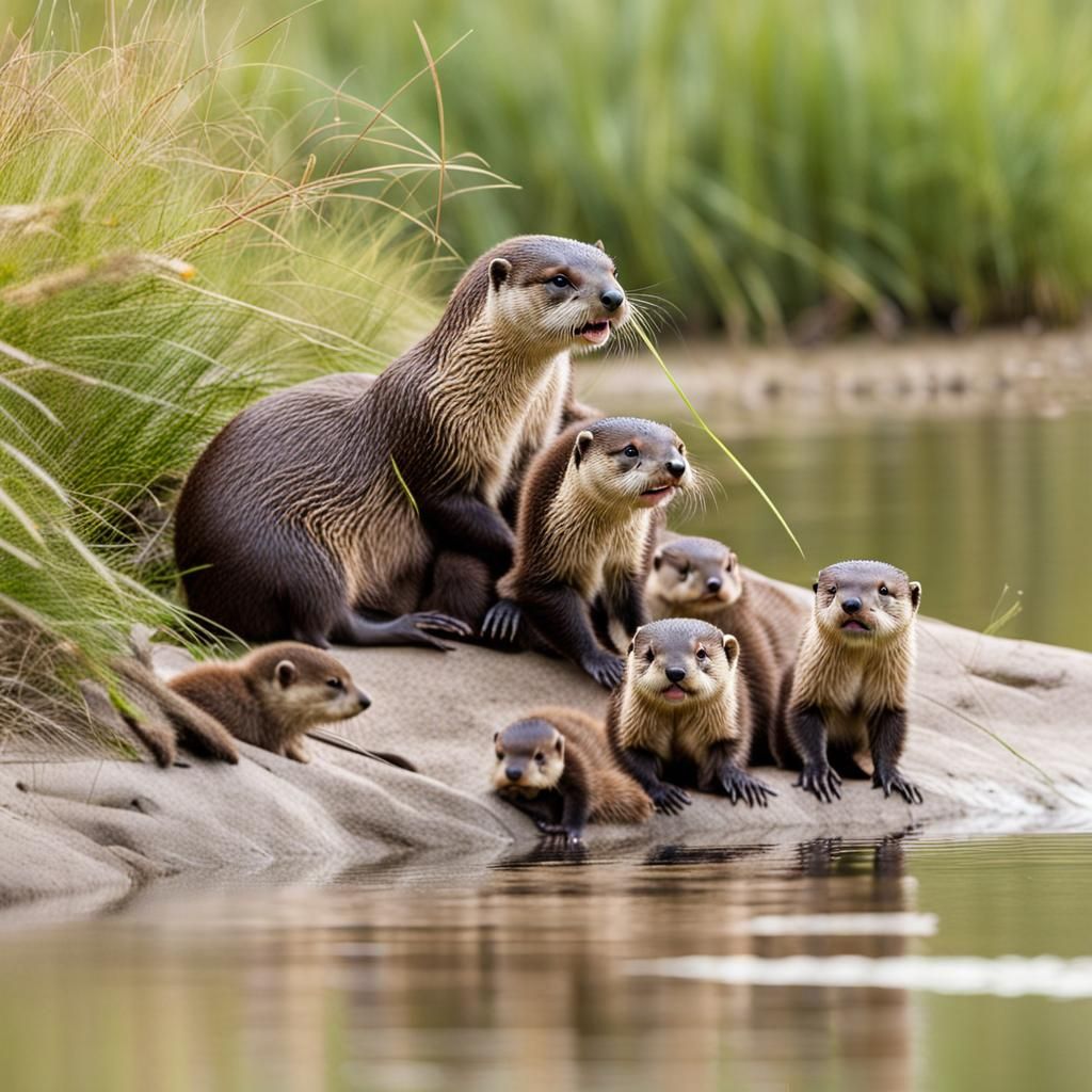Otter Family Meal on a River Beach