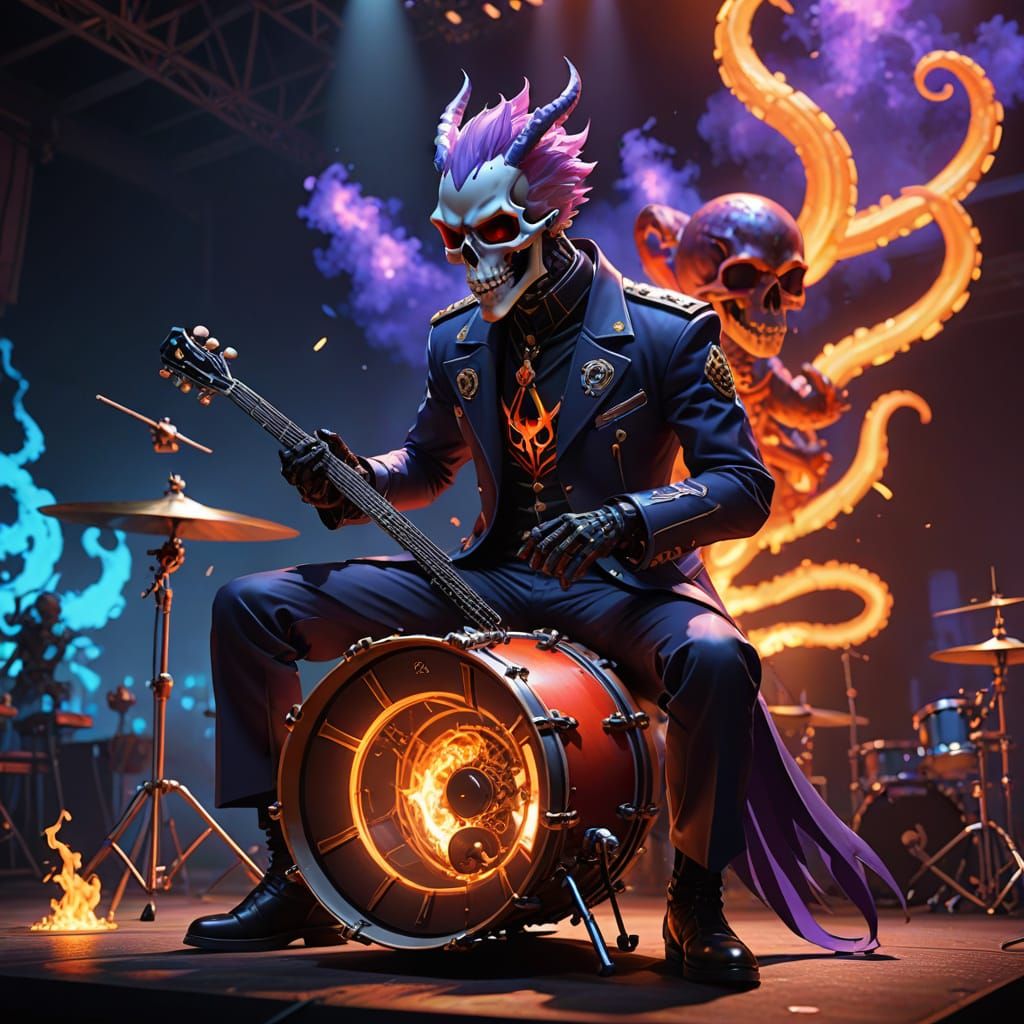 Anime 3D Lizard Drummer and Fiery Skull Skeleton