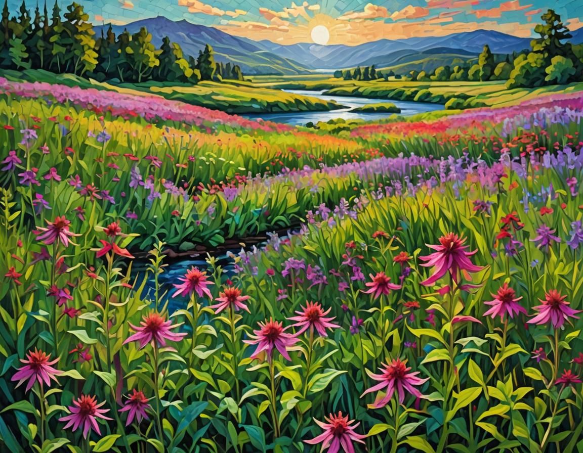 River Landscape with Wildflowers in Impasto Style