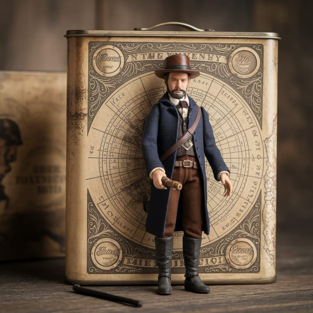 Victorian-era explorer action figure in vintage tin box
