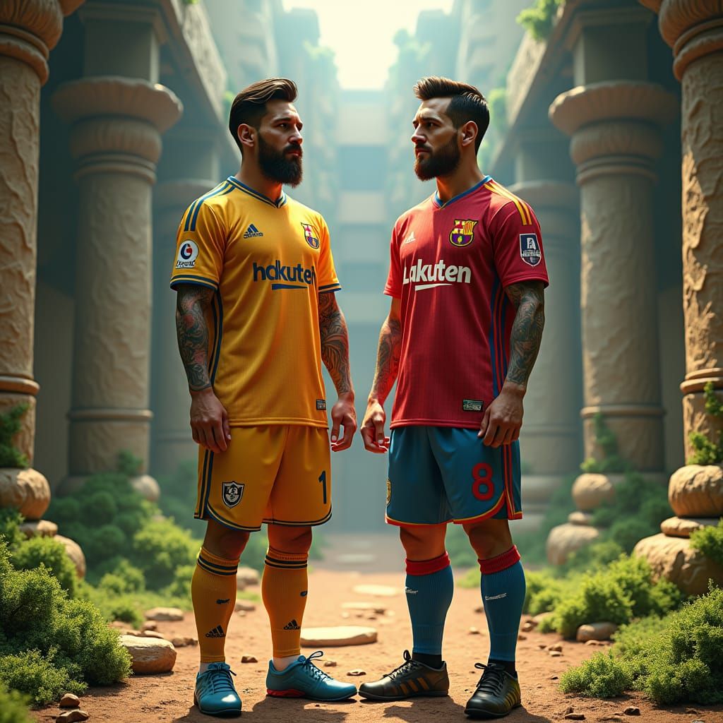 Messi and Careca in Retro-Futuristic Ruins