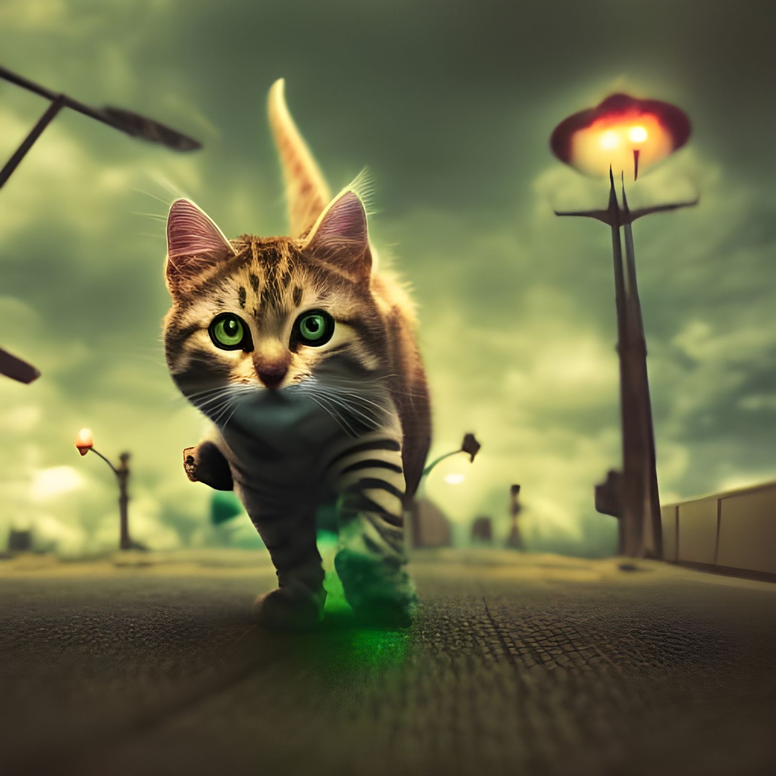 Scary Chibi Kitten Running in Neon Palette