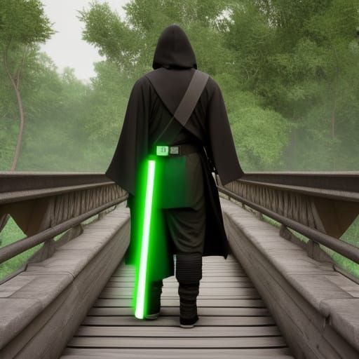 Jedi Knight on Bridge in 3D Game Cinematic Style