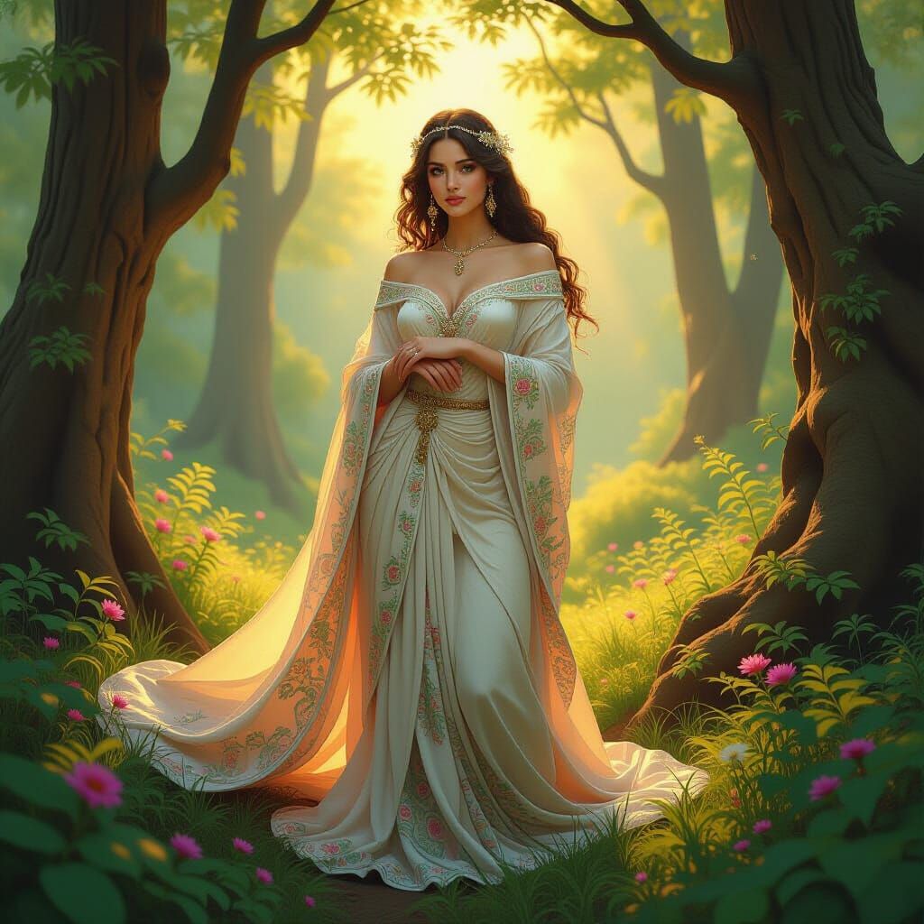 Ethereal Woman in Forest: Alphonse Mucha Style