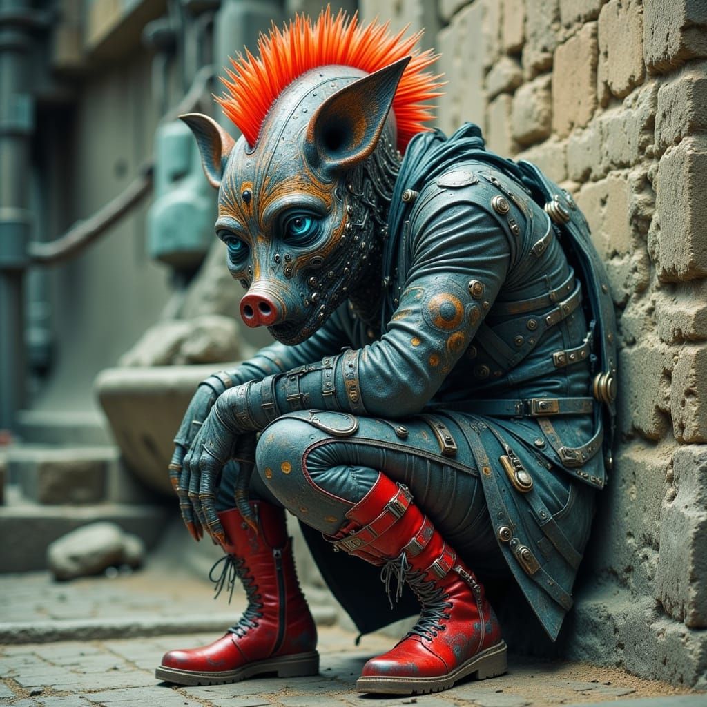 Futuristic Alien with Mohawk and Pig Mask