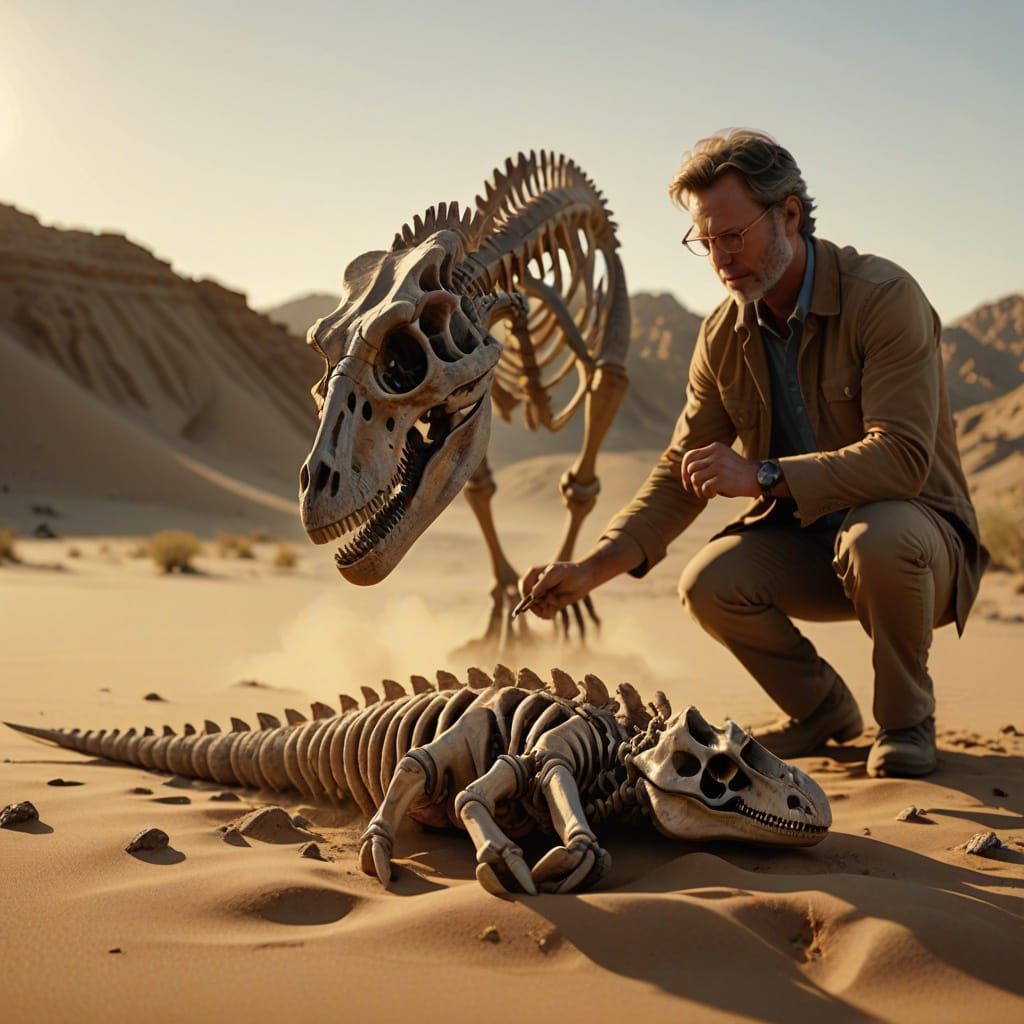 Paleontologist Excavates Dinosaur Skeleton in Desert Landsca...