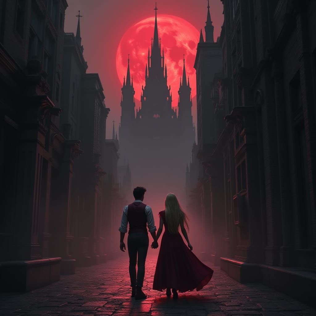 Gothic Couple Under a Blood Moon: Fantasy Concept Art