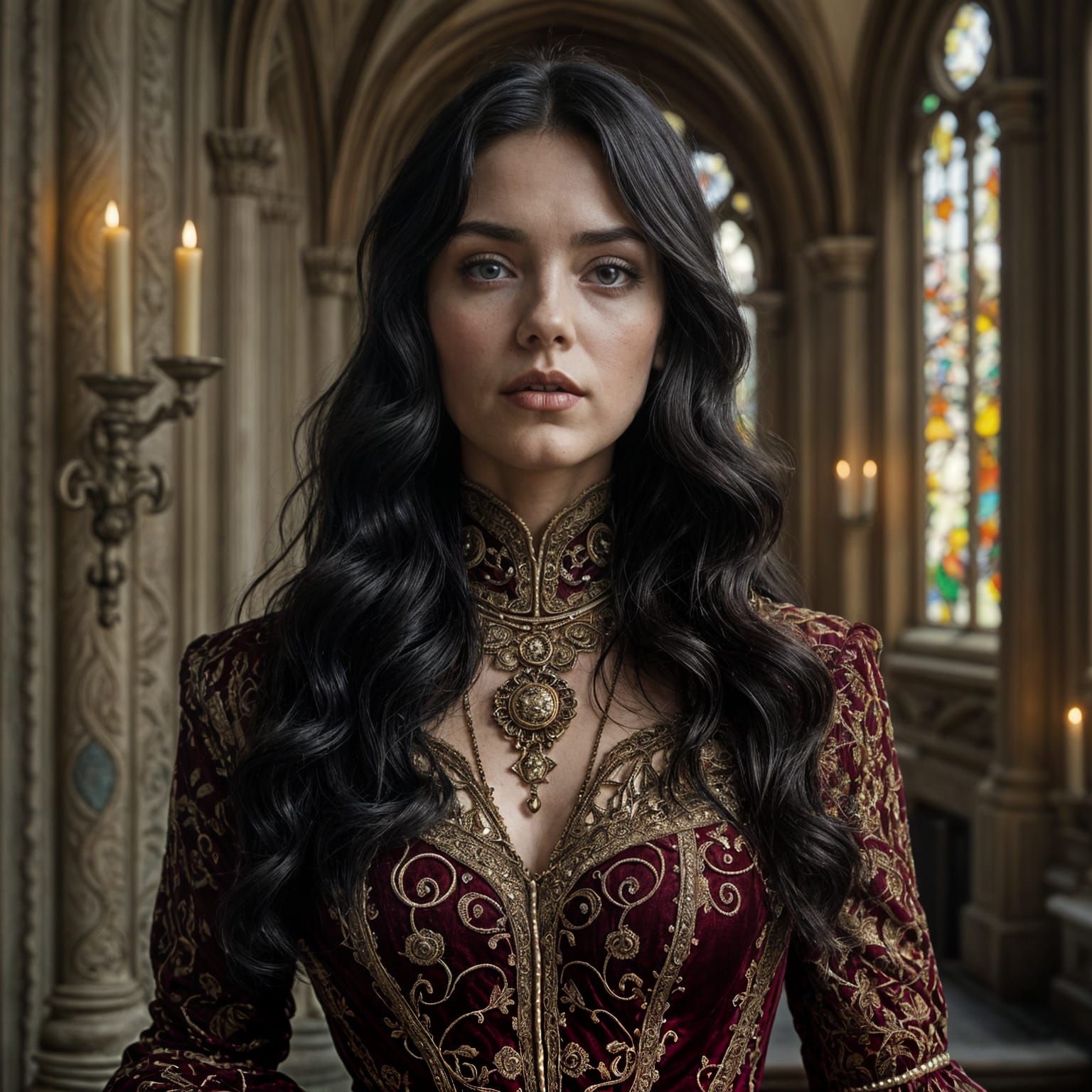 Gothic Woman in Elegant Attire Amidst Medieval Architecture