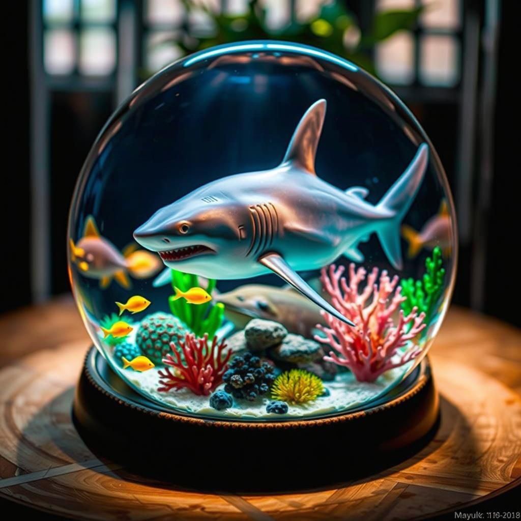 Luminous Glass Orb with Sharks as Digital Art