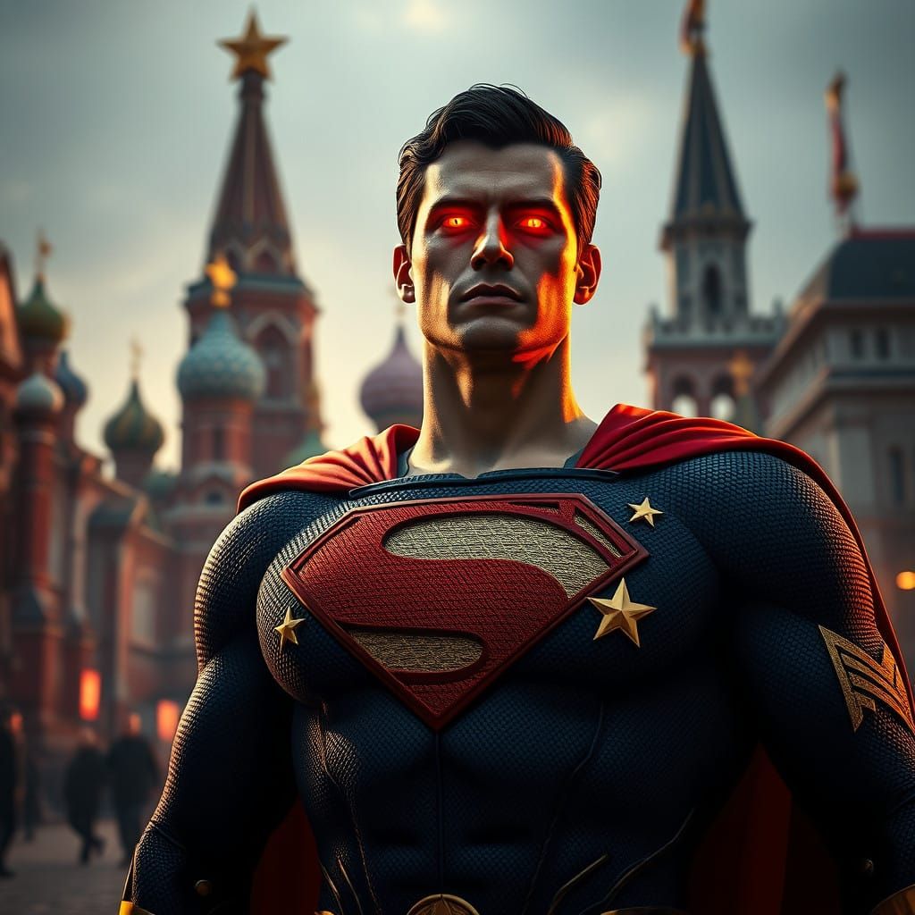 Superman in Soviet Military Regalia Stands in Red Square