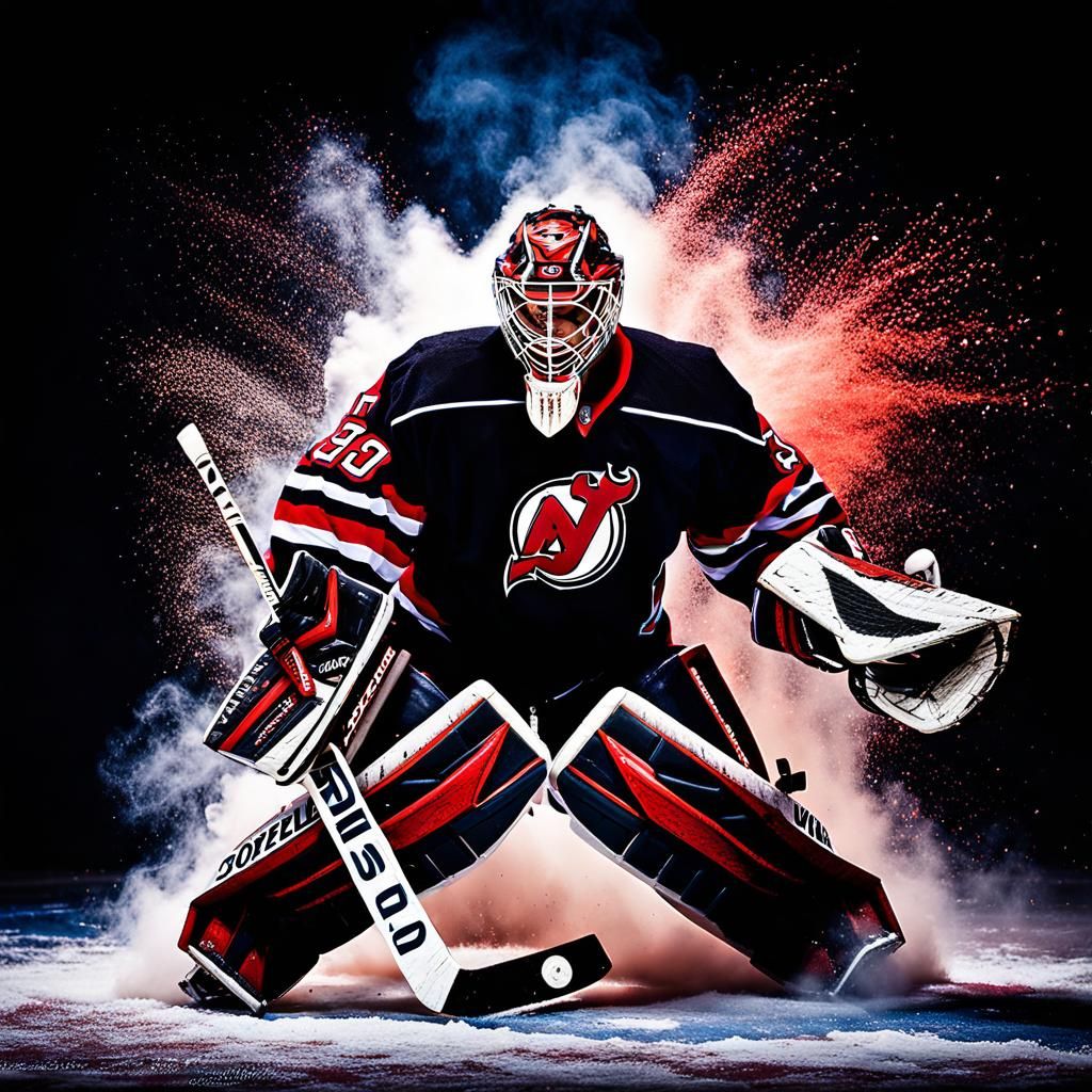 stunning nj devils hockey goalie, explosion of colorful powd...