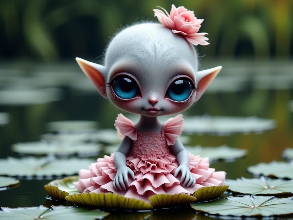 Cute Alien Baby Sits on Lily Pad in Whimsical Scene