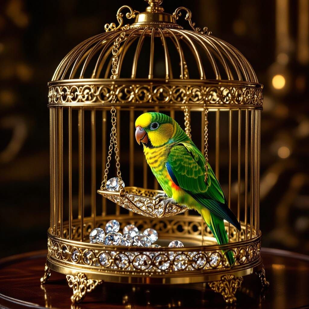 Gilded Bird Cage with Conure Perched on Gold Swing
