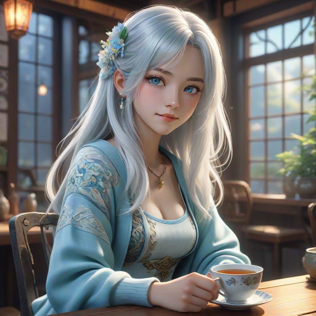 Ethereal Tea Shop Scene in Anime-Inspired 8K Art
