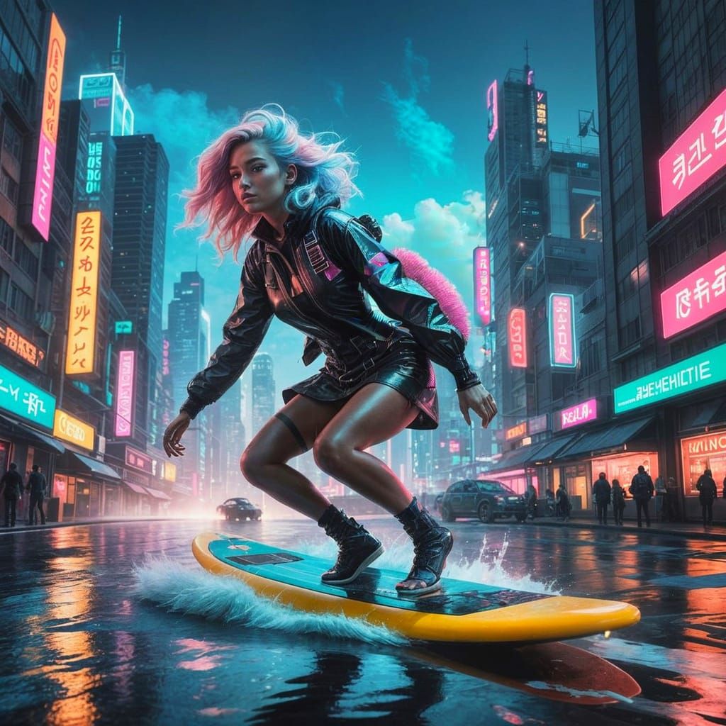 Glowing Cyberpunk Surfer Soars Through City Skies