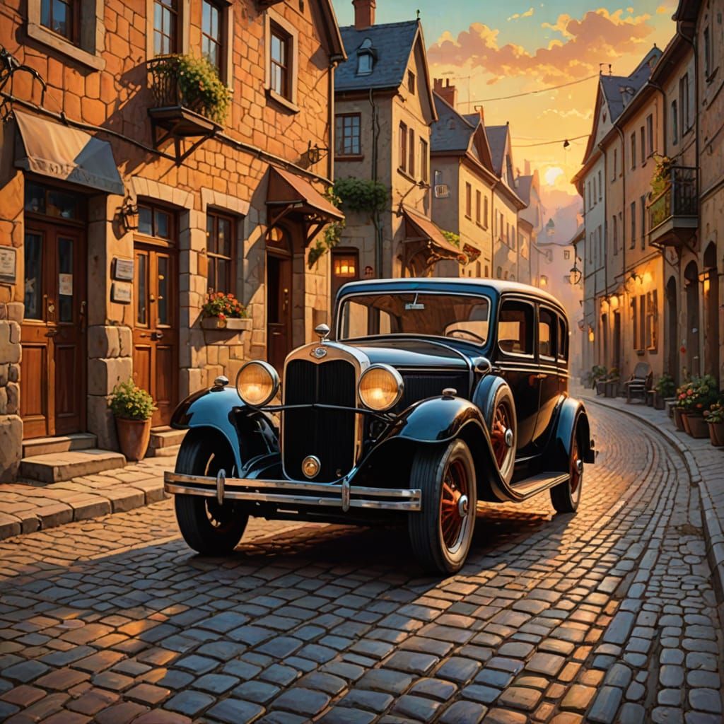 Classic 1930s Limousine in Old Village: Retro Oil Painting