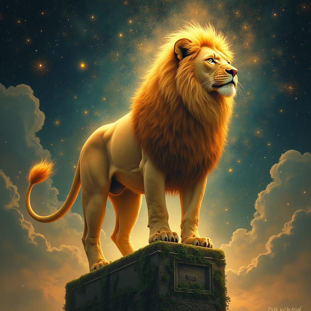 Stardust Lion on Obelisk in Art Nouveau Style