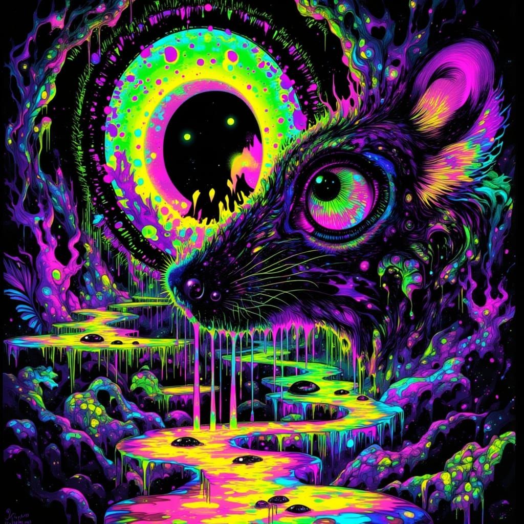 Neon Rat Through Dripping Keyhole in Psychedelic Honeycomb