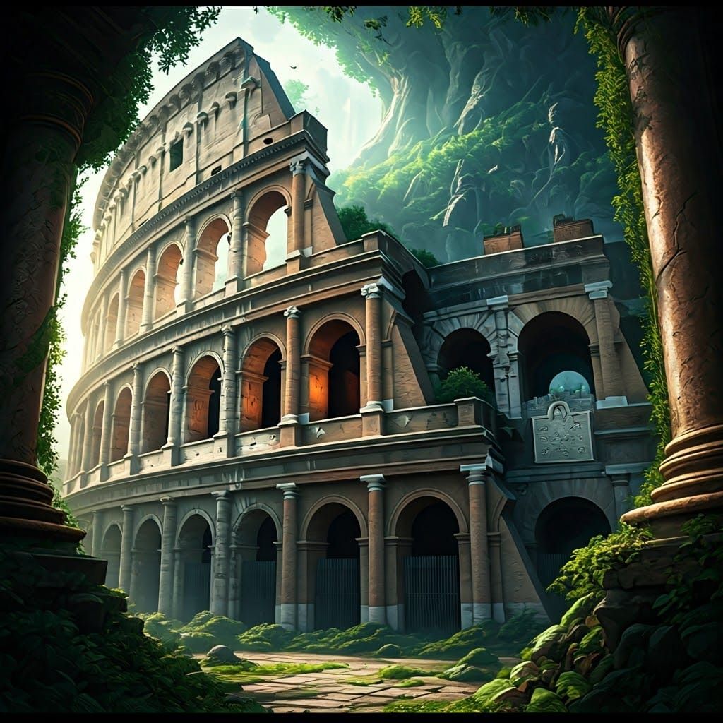 Dreamlike Colosseum with Mythical Creatures