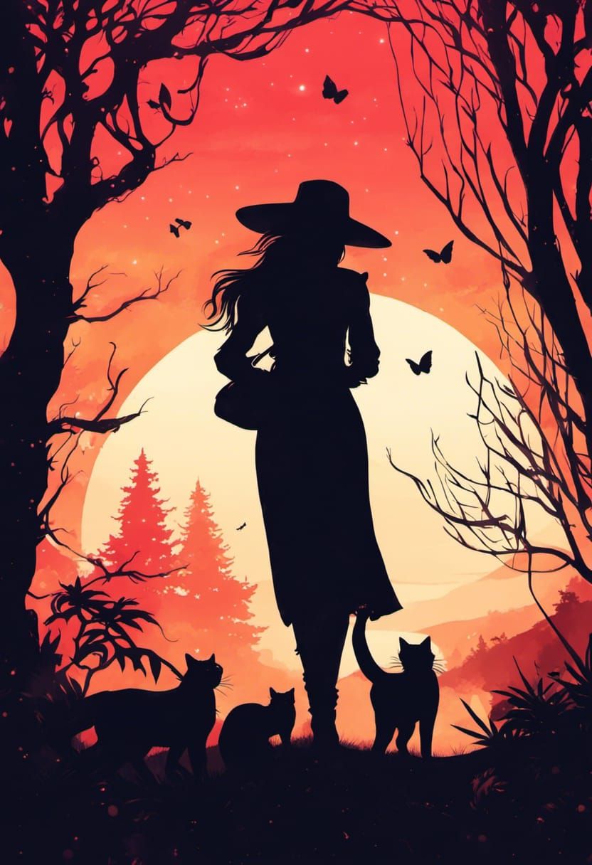 Vibrant Silhouette of Woman, Cat, and Forest
