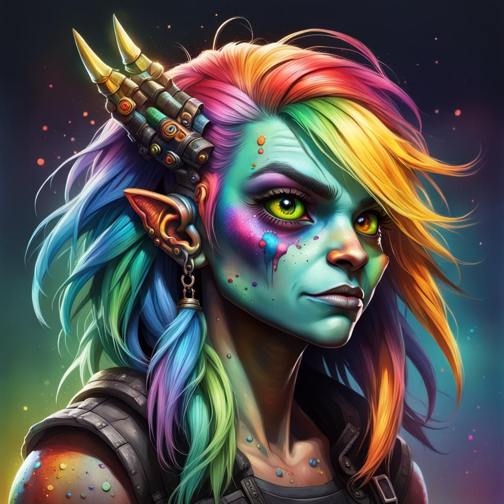 Hyperrealistic Ork Woman with Rainbow Hair