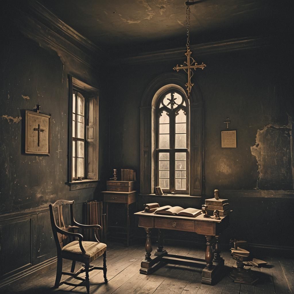 Antique Bible and Cross in Dark Room