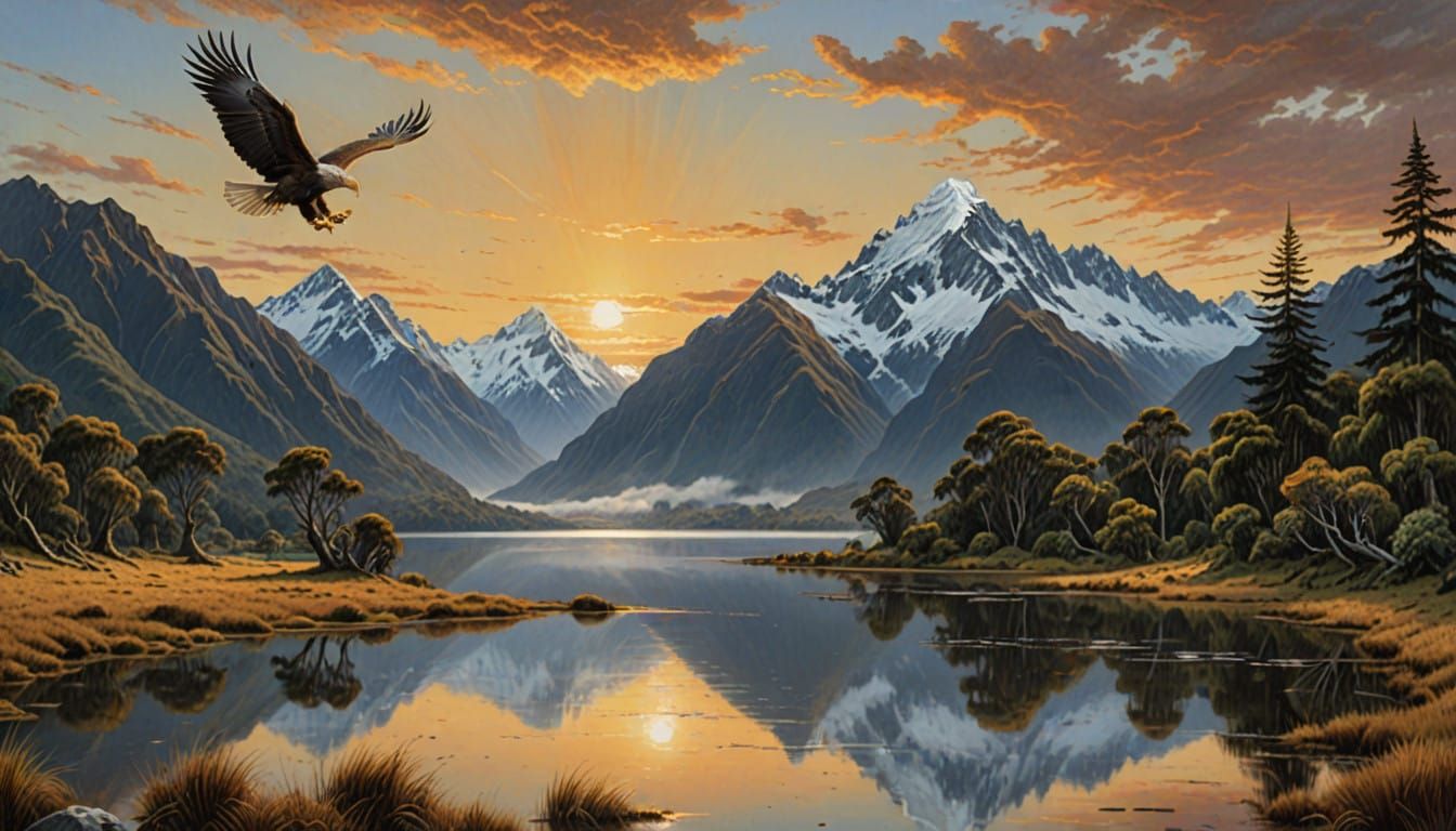 A majestic Haast’s Eagle, its massive wings outstretched, so...