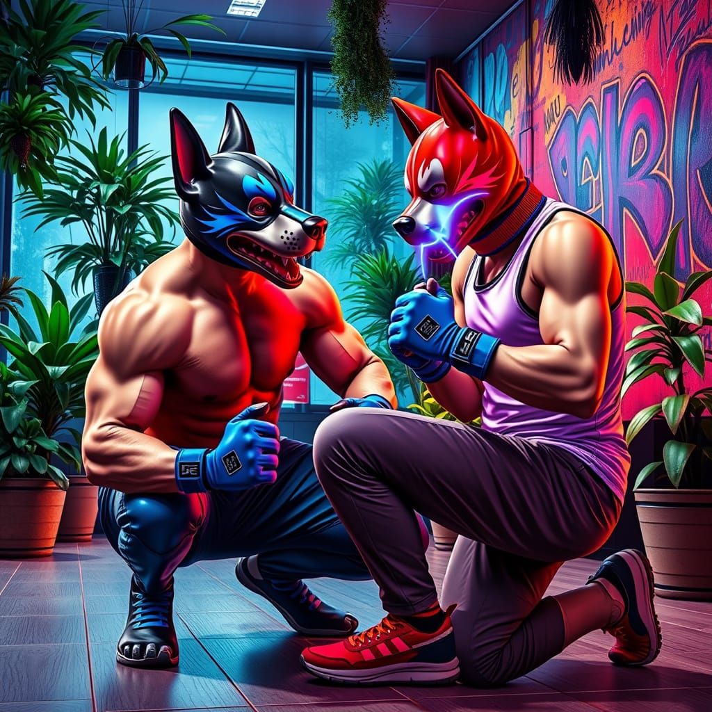 Athletic Man Plays Dog with Vibrant Blue and Black Dog Pup M...